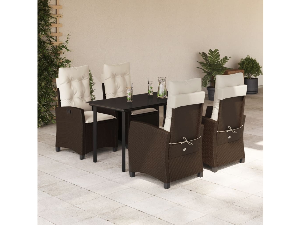 Vidaxl 5 Pcs Conjunto Jantar P/ Jardim C/ Almofadões Vime Pe Castanho