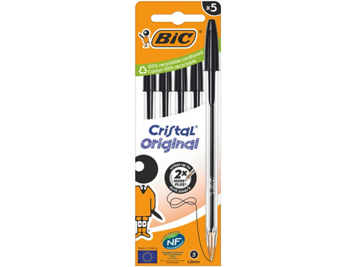Esferográfica BIC Cristal Original, Ponta Média de 1 Mm, Corpo Transparente, Tinta Preta, Pack 5 Unidades