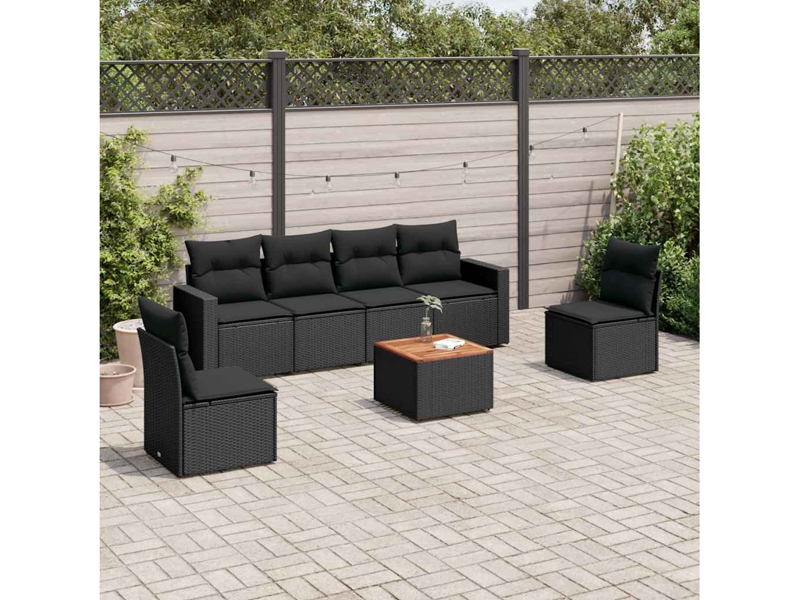 Vidaxl 7 Pcs Conjunto de Sofás P/ Jardim C/ Almofadões Vime Pe Preto