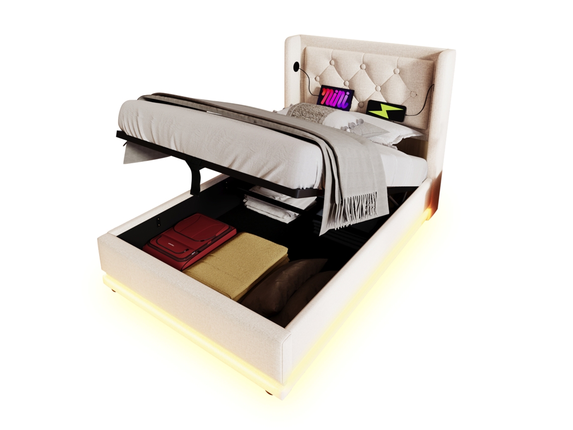 Cama de solteiro estofada 90x200cm em algodão bege com armazenamento hidráulico, cabeceira com usb, led, inclui colchão PAPRIKA