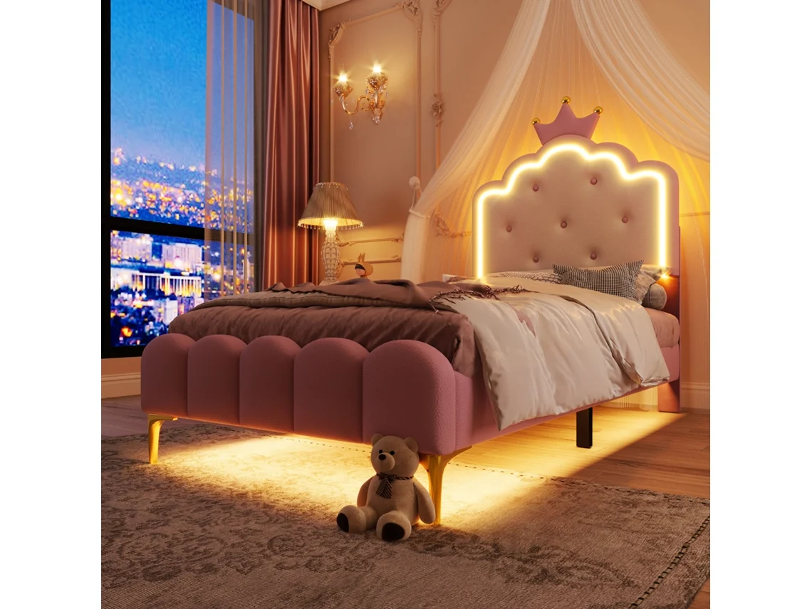 Cama Estofada De Solteiro, 90 X 200 Cm, Com Estrado De Ripas E Iluminação Ambiente, Formato Princesa Coroada, Rosa.