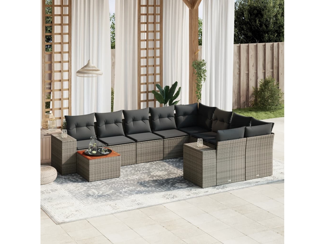 Vidaxl 10 Pcs Conjunto Sofás De Jardim C/ Almofadões Vime Pe Cinzento