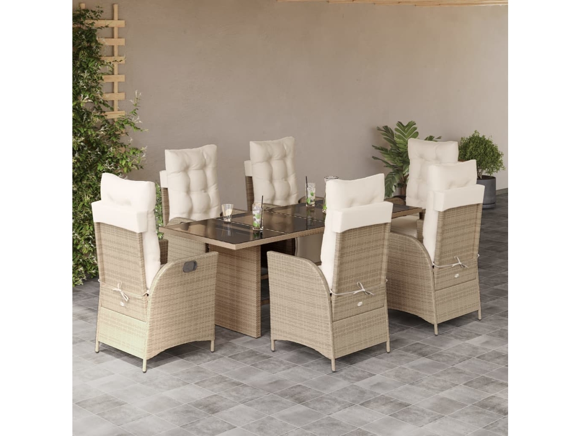 Vidaxl 7 Pcs Conjunto De Jantar P/ Jardim Com Almofadões Vime Pe Bege