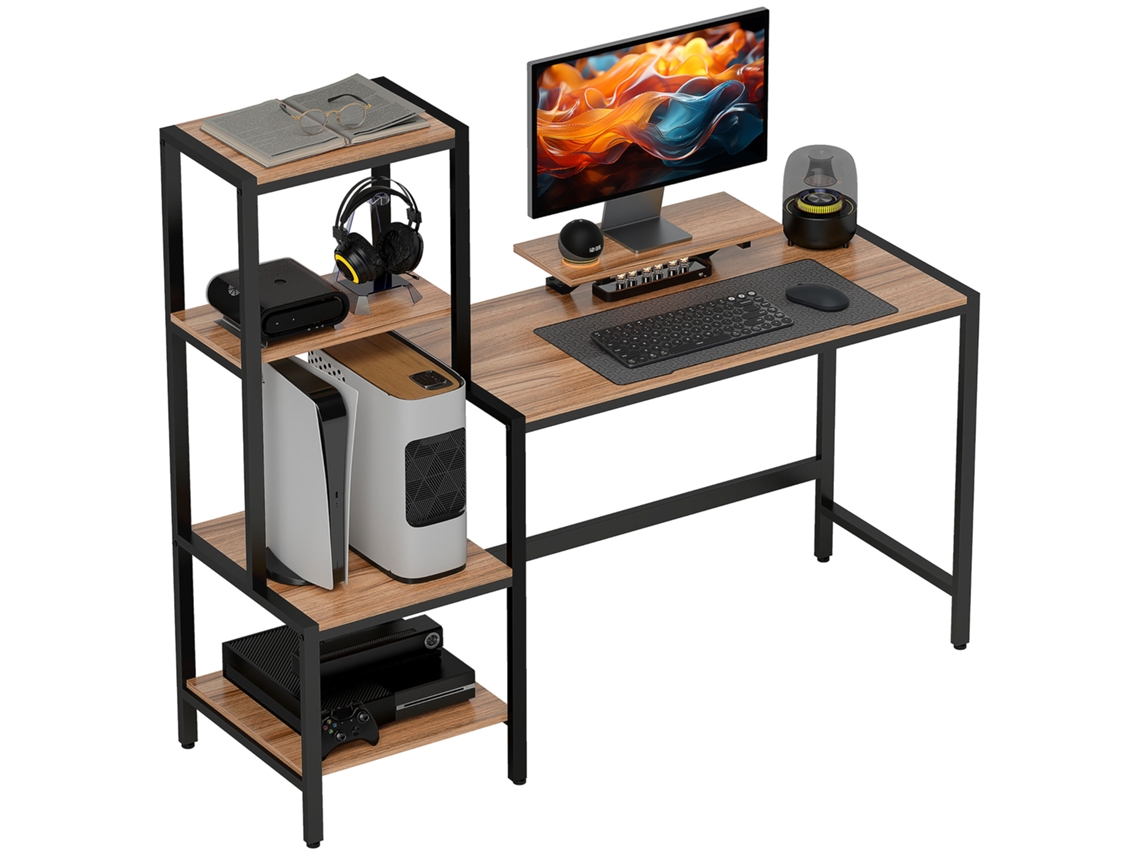 Secretária Com Suporte Monitor E 4 Prateleiras, Design Industrial, Castanho