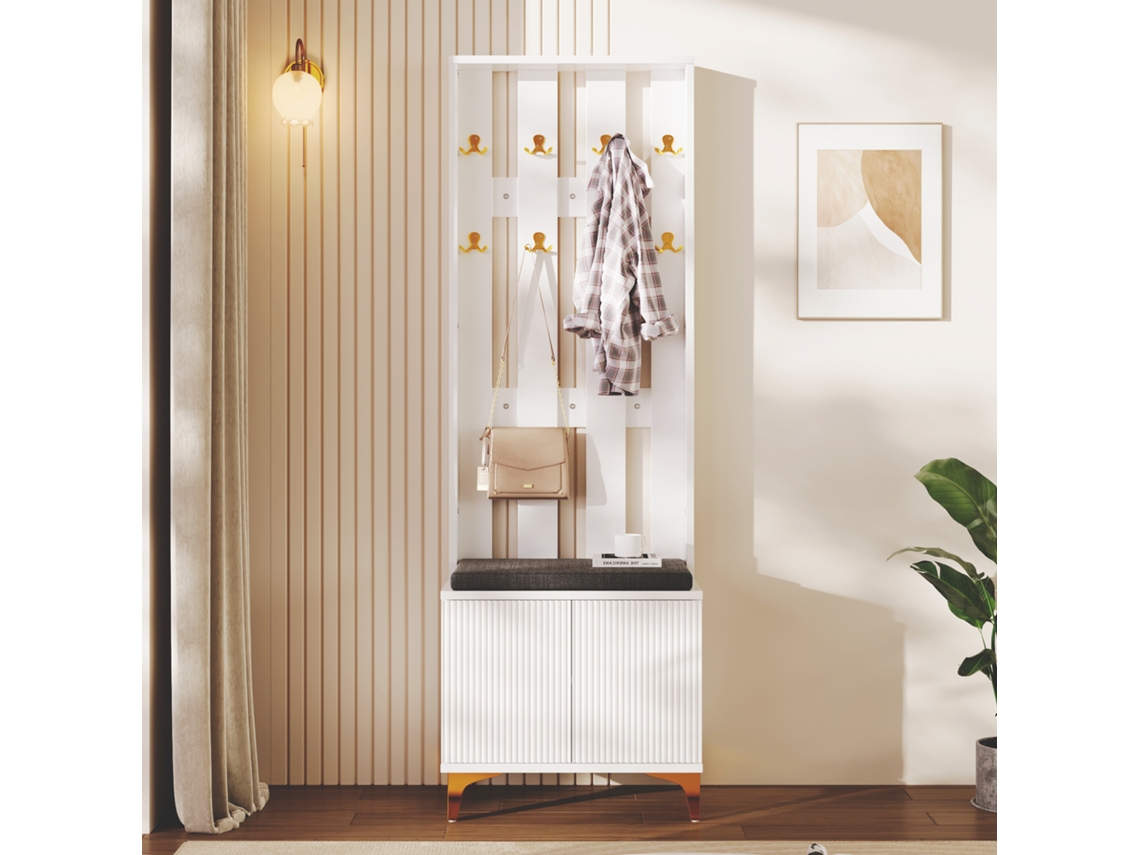 Conjunto Roupeiro com Banco para Sapatos e Almofada, Guarda-Roupa Branco com Ganchos Organizadores