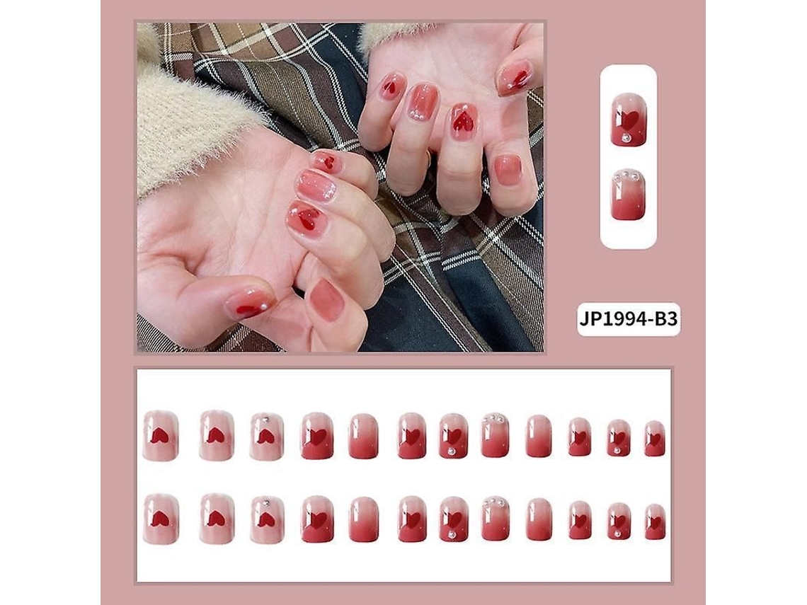 Dicas de Unhas Falsas Artificiais Curta Rosa Transparente Coração Pessego Diy Estudante 24 Peças