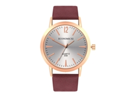 Relógio de pulso feminino simples em couro, estilo casual e moderno, com mostrador em couro roxo.