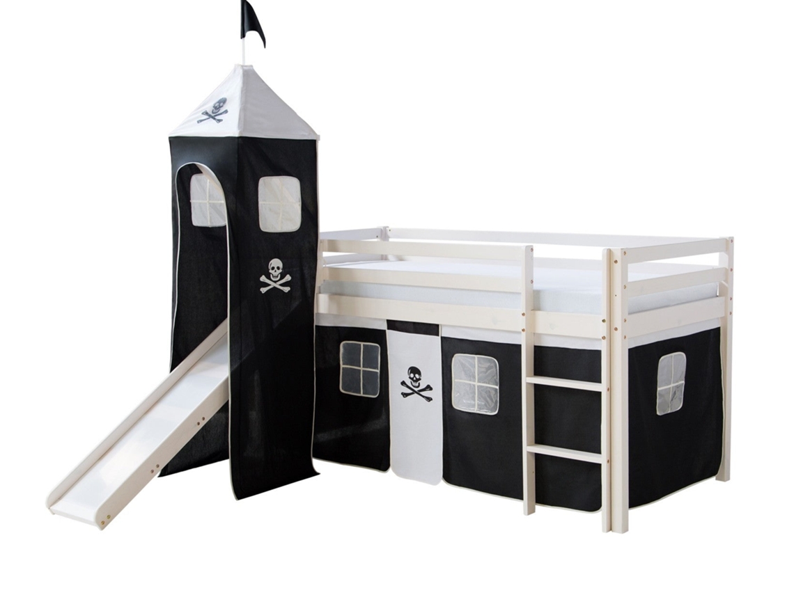 Cama Meio-Alta 90X200Cm para Crianças com Escorrega e Escada de Madeira Branca e Lona Negra Pirata Incluída Lit06154 MOBIKASA