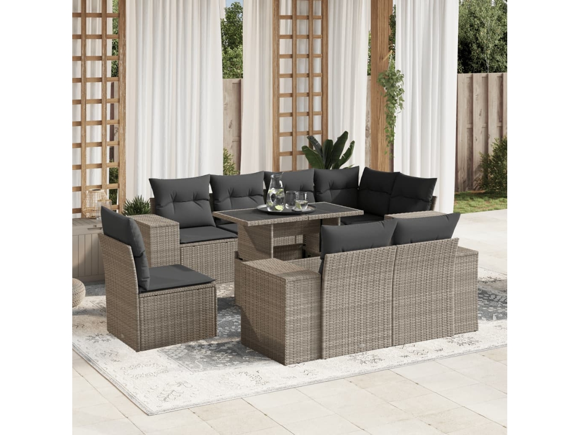 Vidaxl 9 Pcs Conj. Sofás Jardim Com Almofadões Vime Pe Cinzento-claro