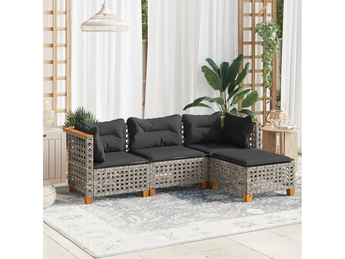 Vidaxl 4 Pcs Conjunto Sofás De Jardim C/ Almofadões Vime Pe Cinzento