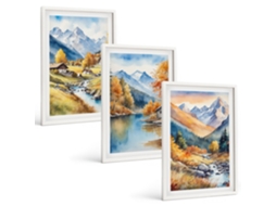 Galeria De Pinturas Murais Montanhas De Outono, Rios, Chalés Moldura Branca Fotos Para O Escritório Espelharte (3 Piezas De 40x60 Cm)