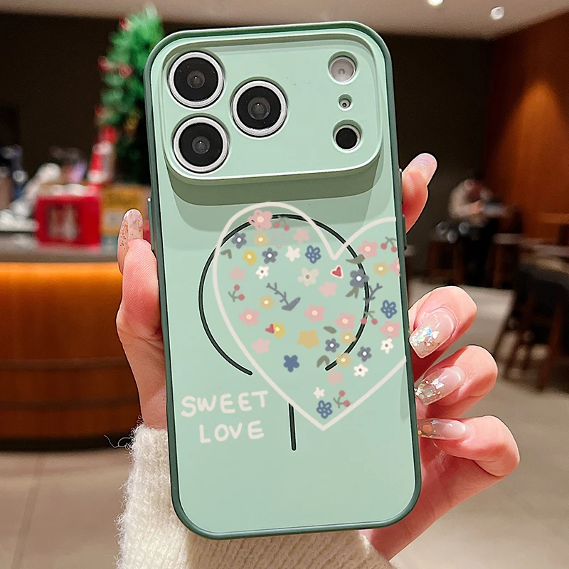 Capa Magnética Rígida De Policarbonato Para Iphone 16 Pro Max Com Estampa De Corações (verde).
