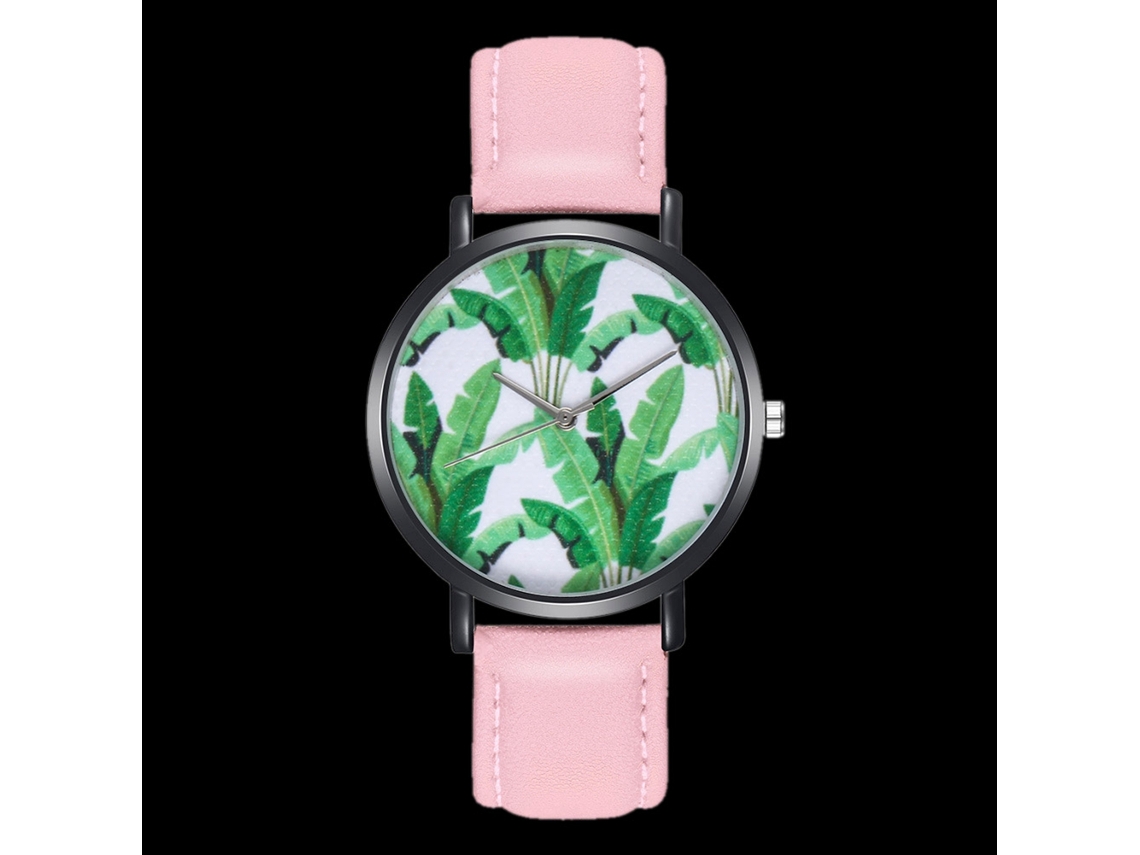 Relógio de quartzo unissex Zhoulianfa para casais, com pulseira de PU e detalhe de folha rosa e verde.