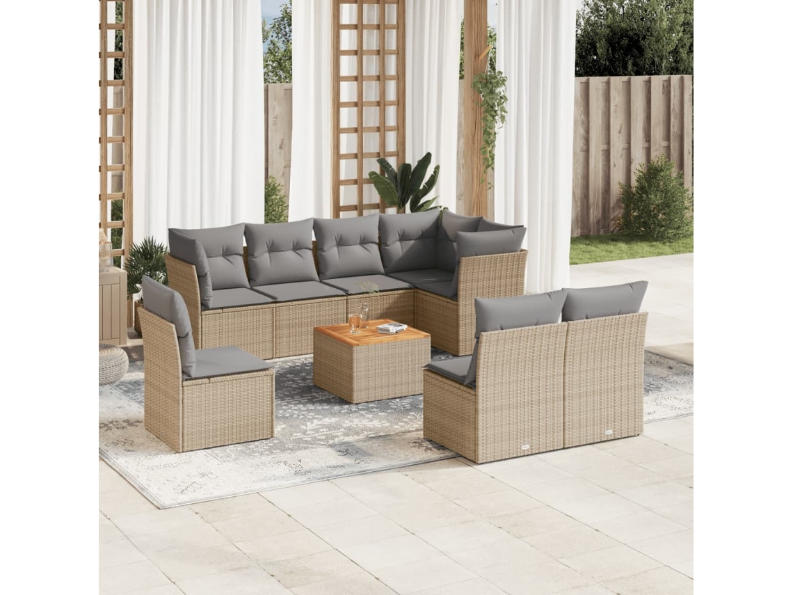 Vidaxl 9 Pcs Conjunto De Sofás P/ Jardim Com Almofadões Vime Pe Bege