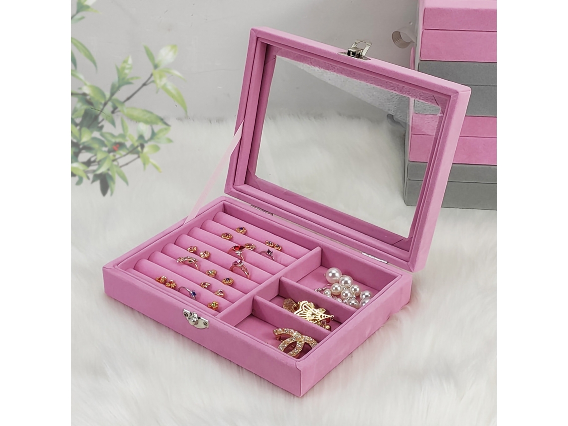 Caixa De Joias Flanela Com Trava 3 Grelhas Rosa