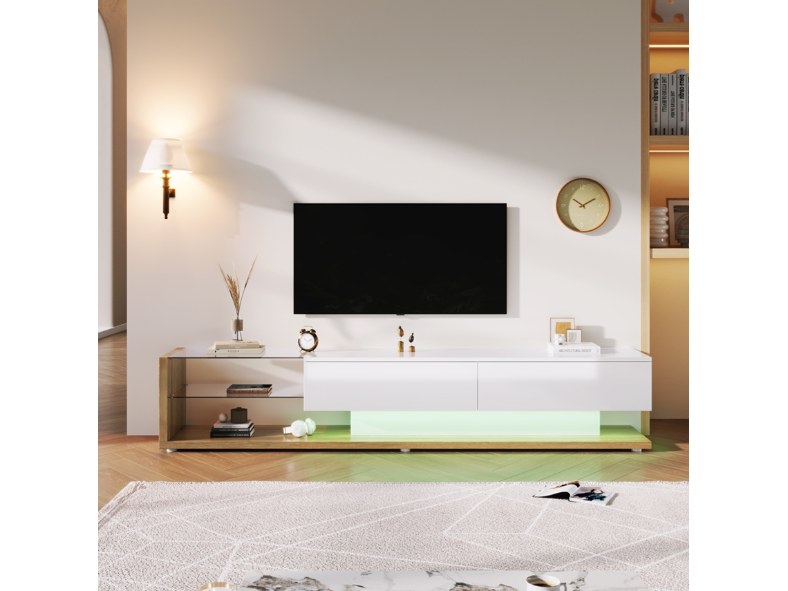 Móvel Branco Led Vidro Iluminação Variável Madeira Tv VOLTEDGE