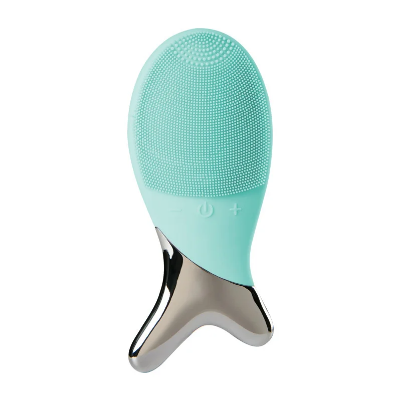 (azul) Escova de limpeza facial de silicone em formato de peixe com massageador facial vibratório elétrico