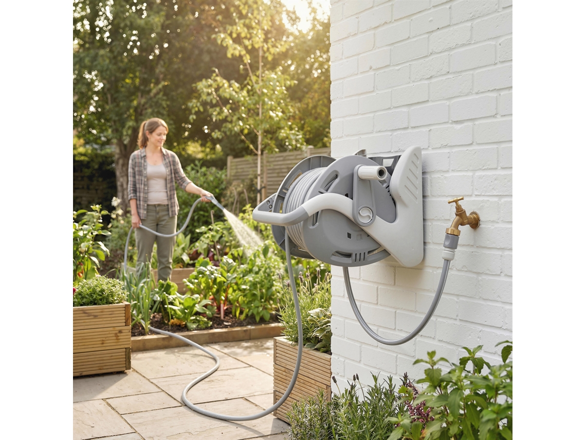 Enrouleur Tuyau Arrosage Mural 20+2 M X Ø 15 Mm, Dévidoir De Tuyaux D'eau Portable, Buse À 2 Modes, Gris