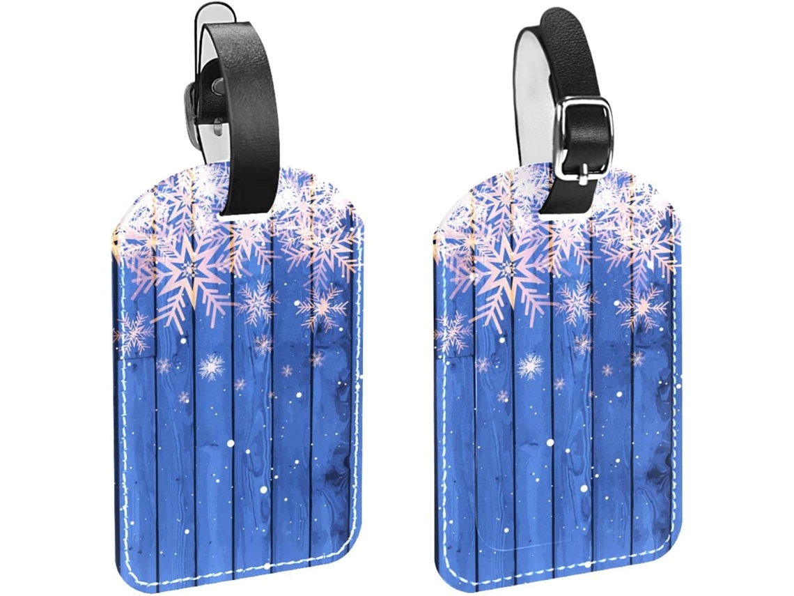 Conjunto De 2 Etiquetas Bagagem Em Couro Sintético Com Estampa Floco Neve Sobre Fundo Azul