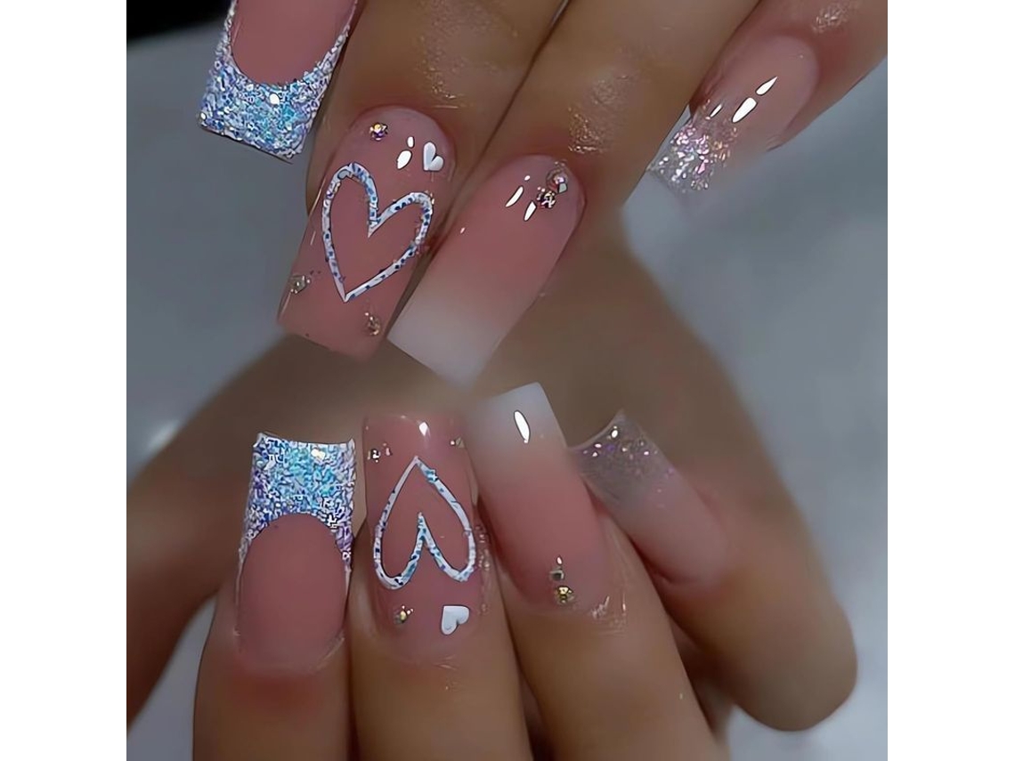 Unhas Postiças Médias French Tip com Design de Coração Rosa Brilhante Square Press On Nails