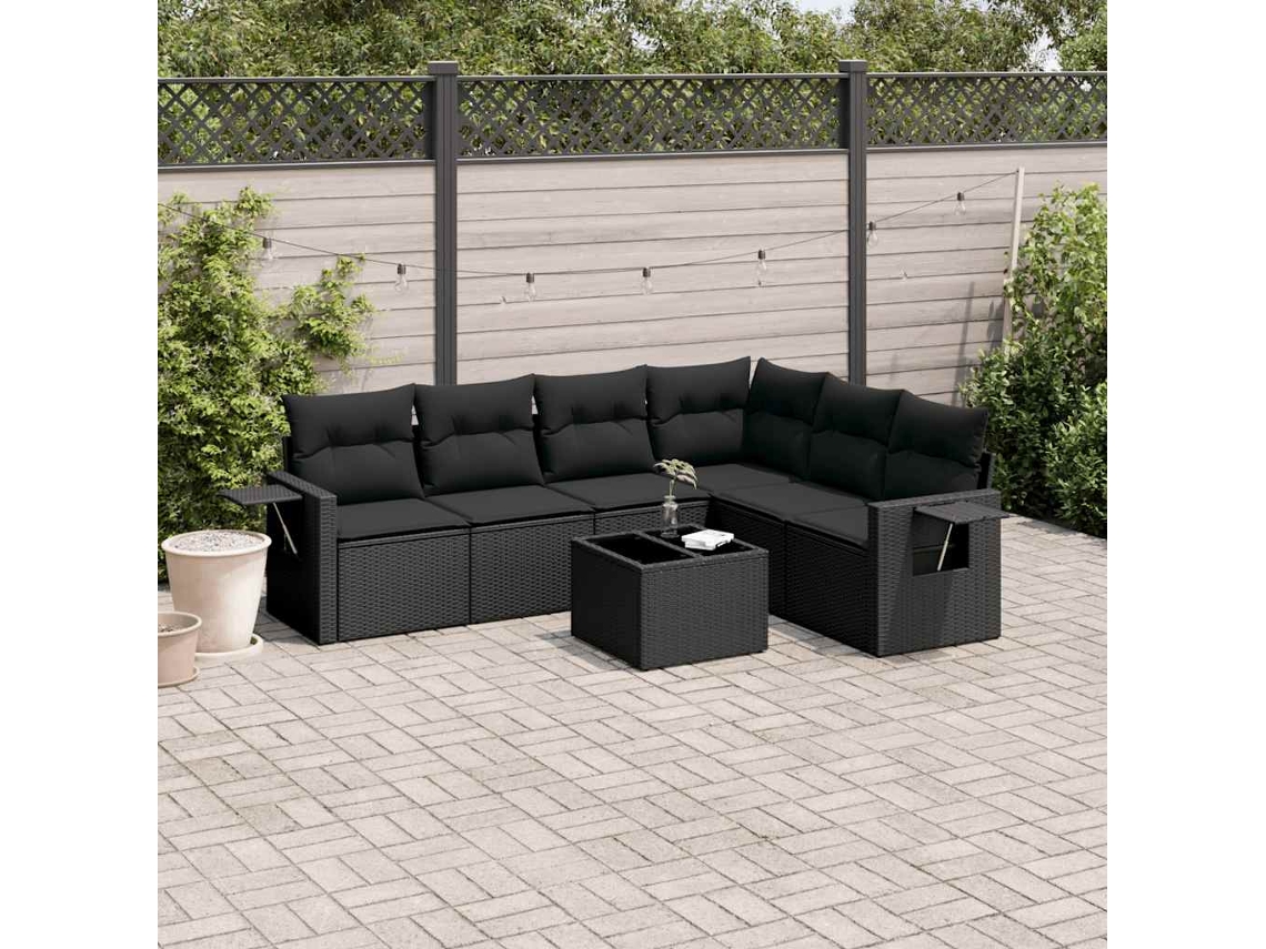 Vidaxl 7 Pcs Conjunto De Sofás P/ Jardim C/ Almofadões Vime Pe Preto