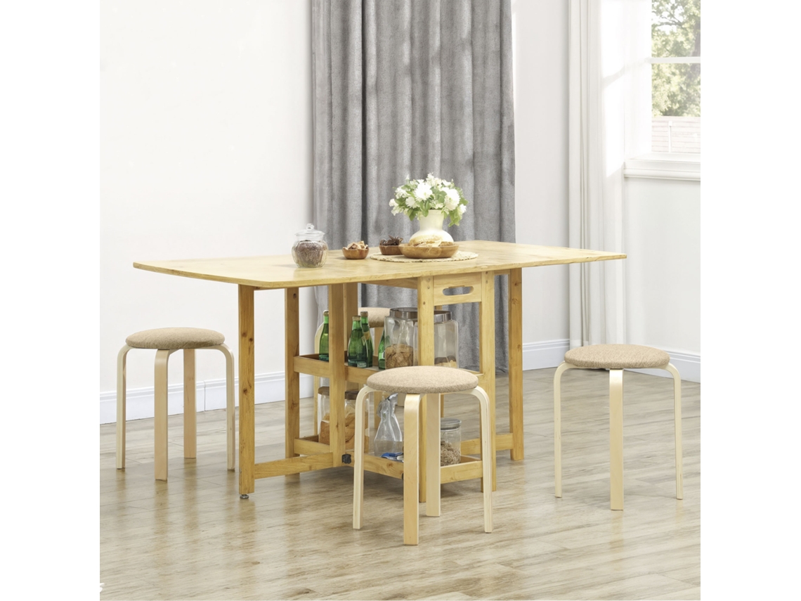 Conjunto De 4 Bancos Empilháveis Redondos Assentos Baixos Cozinha Com Assento Acolchoado Ø40x45 Cm Caqui E Madeira