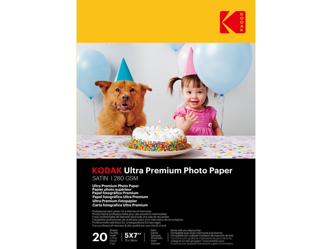 Papel fotográfico acetinado KODAK, pacote com 20 folhas, 280 g/m², tamanho 13 x 18 cm, impressão a tinta.