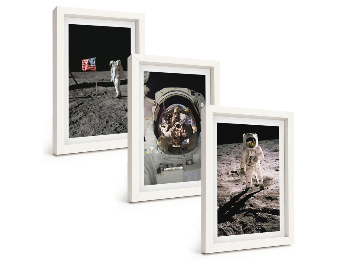Conjunto De Pinturas Pouso De Astronautas, Lua, Nasa Moldura Branca Quadros Para A Sala De Estar Espelharte (3 Peças 20x30 Cm)