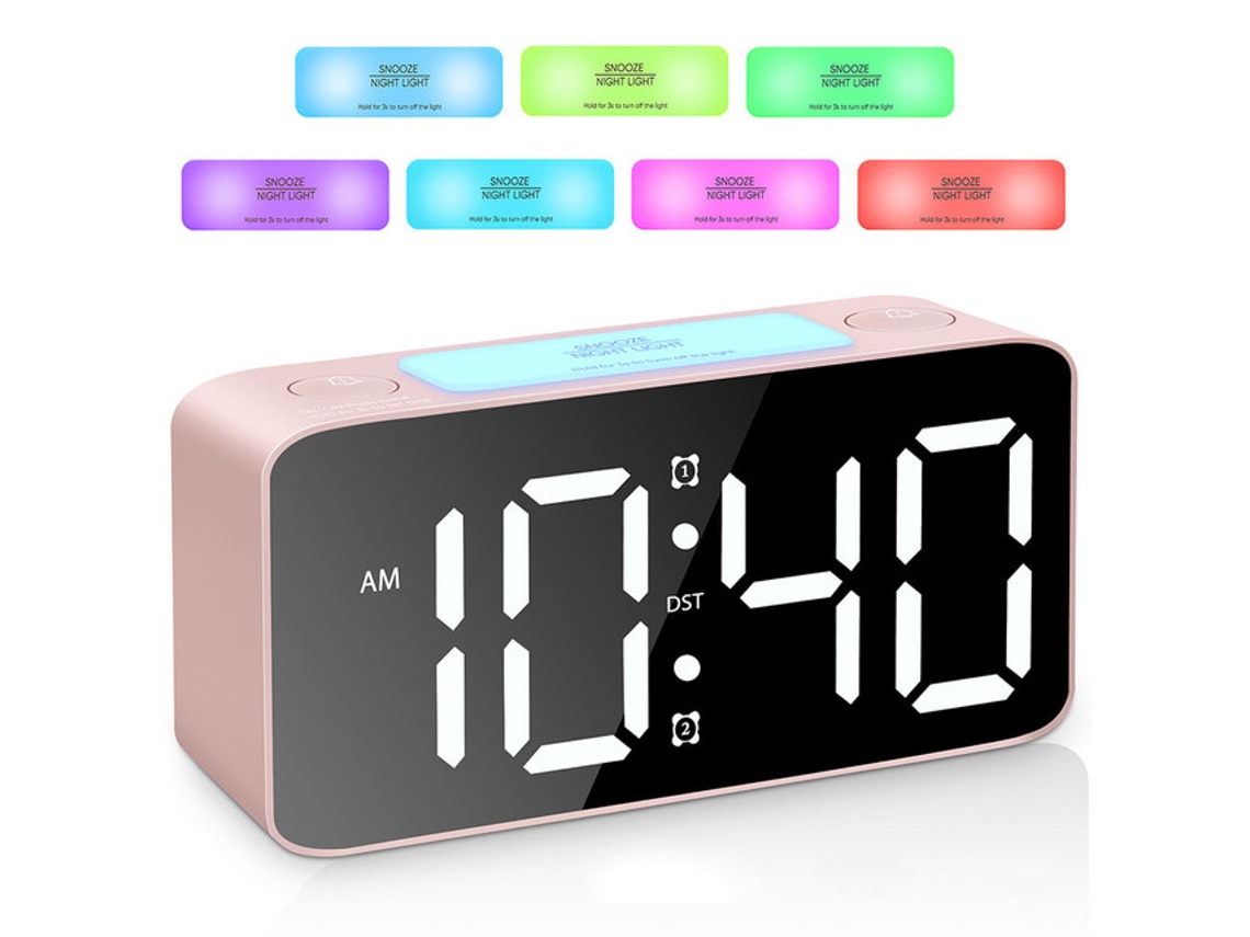 Despertador Digital - Luz Noturna Rgb - Ecrã Grande - Alimentação Usb - Relógio Mesa/cabeceira - Abs - Rosa