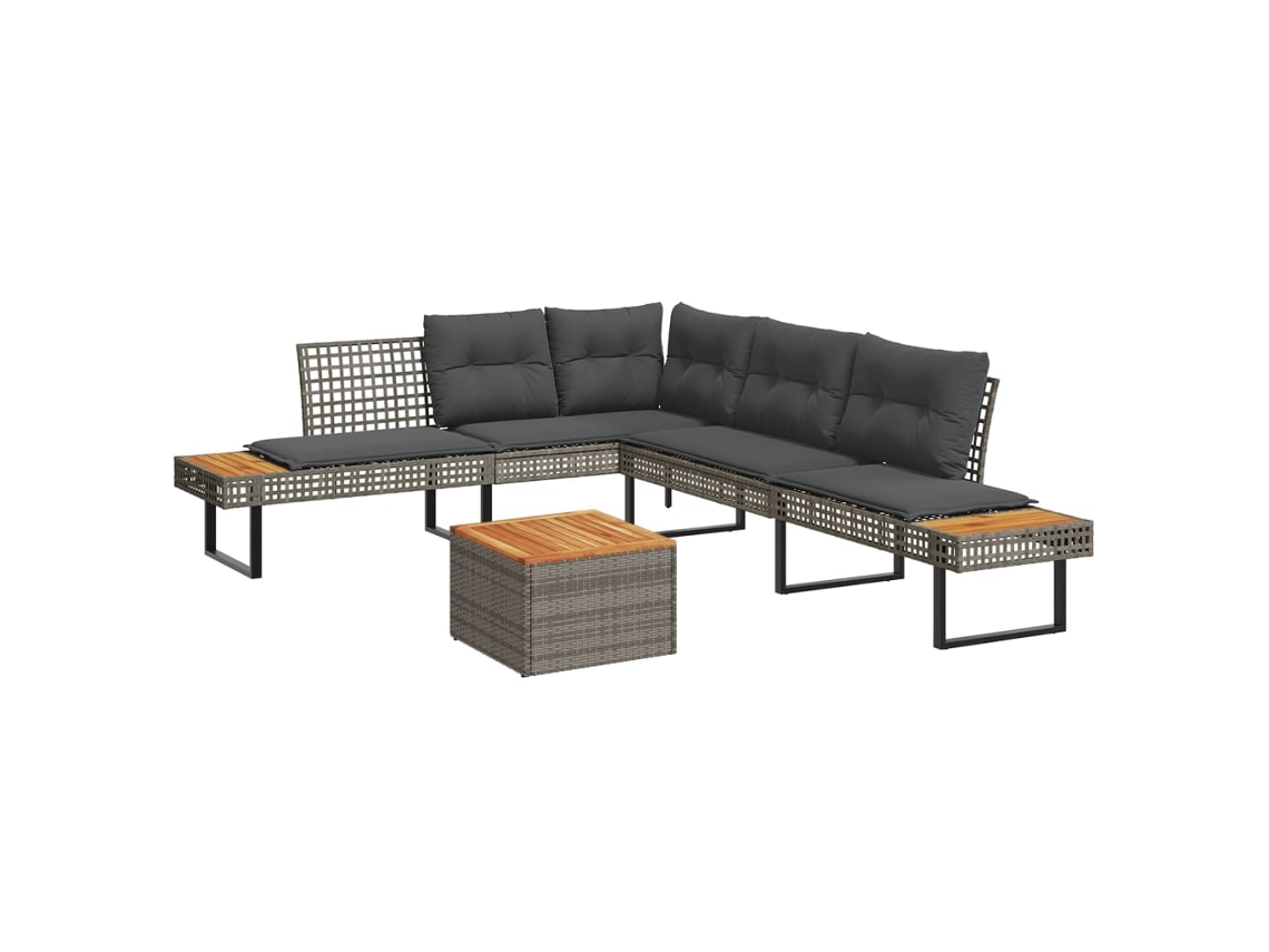 Vidaxl 2 Pcs Conj. Sofás De Jardim C/ Almofadões Vime Pe/acácia Cinza