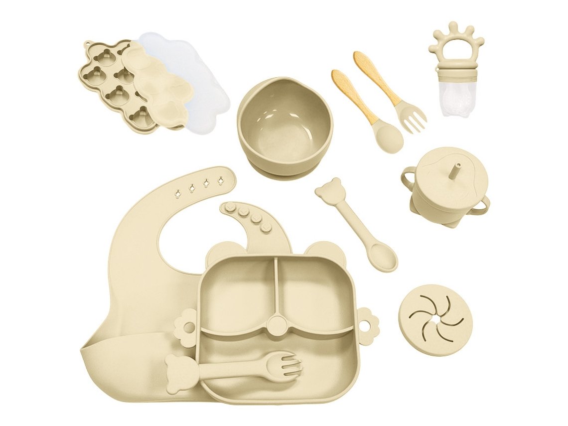 Conjunto Desmame Bebé CHRUI 6+ Meses Silicone Prato Tigela Copo Talheres 11 Peças (bege)