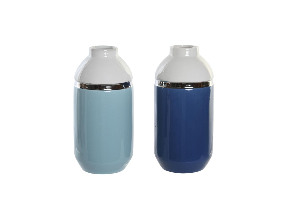 Vaso Dkd Home Decor Branco Azul Celeste Azul Marinho Grés 12,5 X 12,5 X 25 Cm 2 Unidades