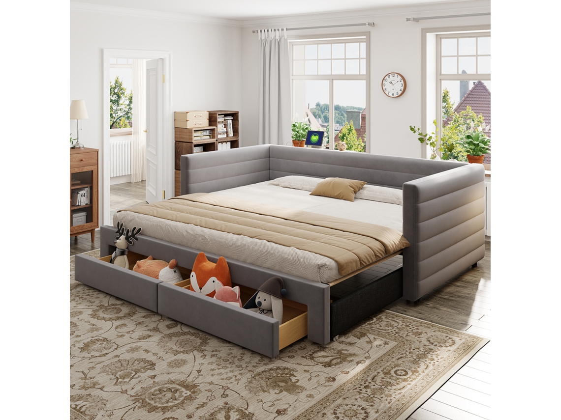 Sofá cama 3em1 90x190 Algodão Linho Cinza Gavetas VOLTEDGE