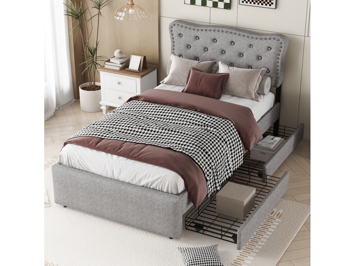 Cama Cinza 90x200 C/ Capitonê, Tachas E 2 Gavetas