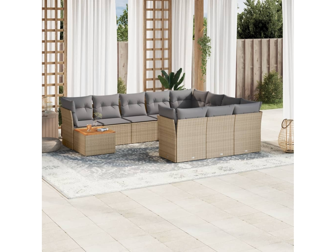 Vidaxl 11 Pcs Conj. Sofás Jardim C/ Almofadões Vime Pe Bege Misturado