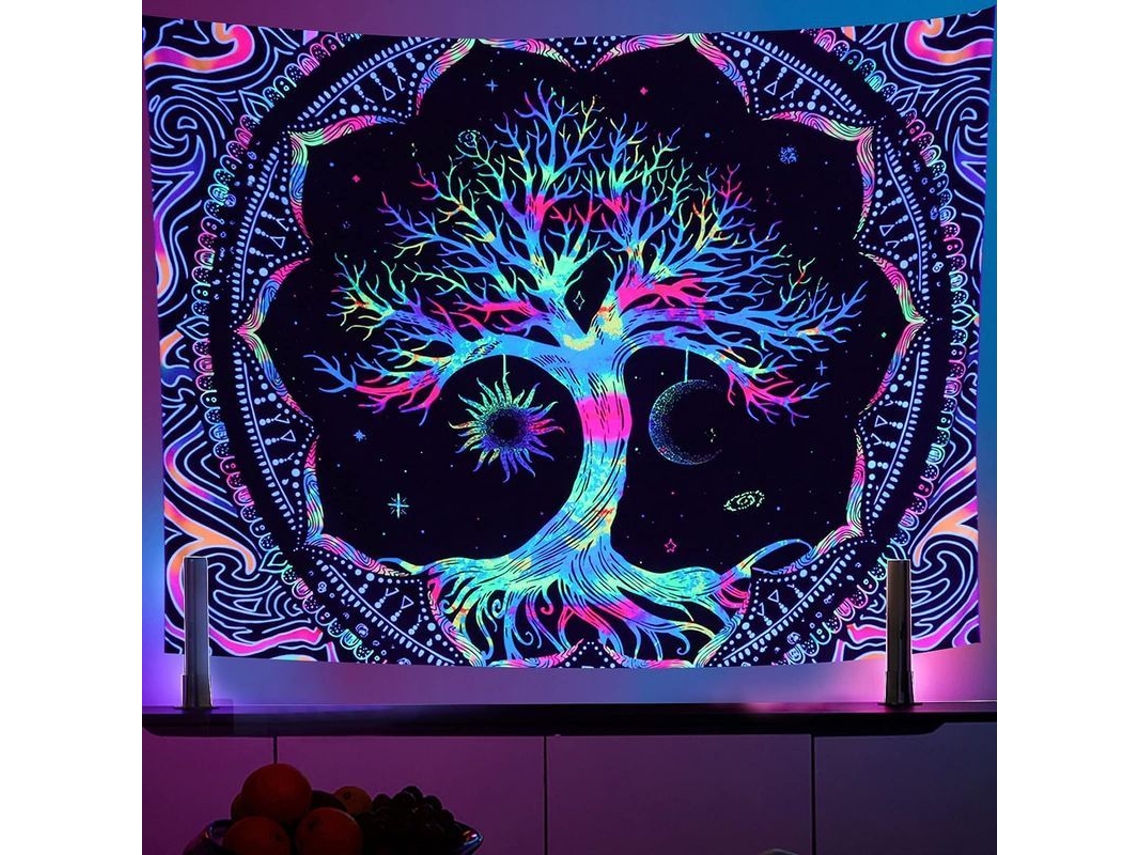 Tapete Árvore Da Vida, Tapete Hippie Colorido Mandala Com Reação À Luz Negra, 150 × 130 Cm