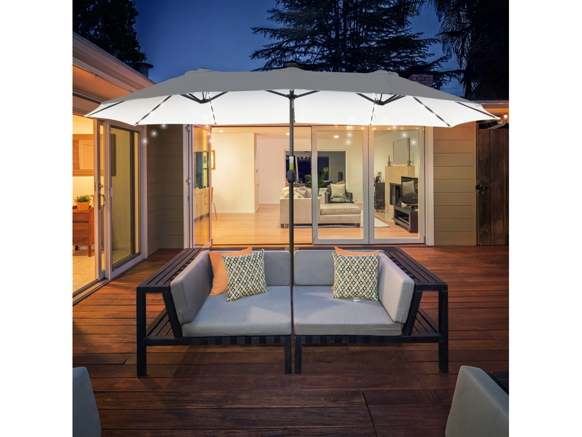 Chapéu de Sol Duplo S/MARCA, com 48 luzes LED, 4,5x2,65m, manivela, proteção solar, creme