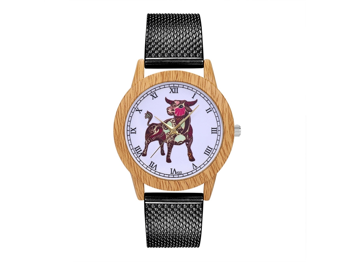 Relógio de quartzo unissex com pulseira de padrão animal e numeração romana (preto)