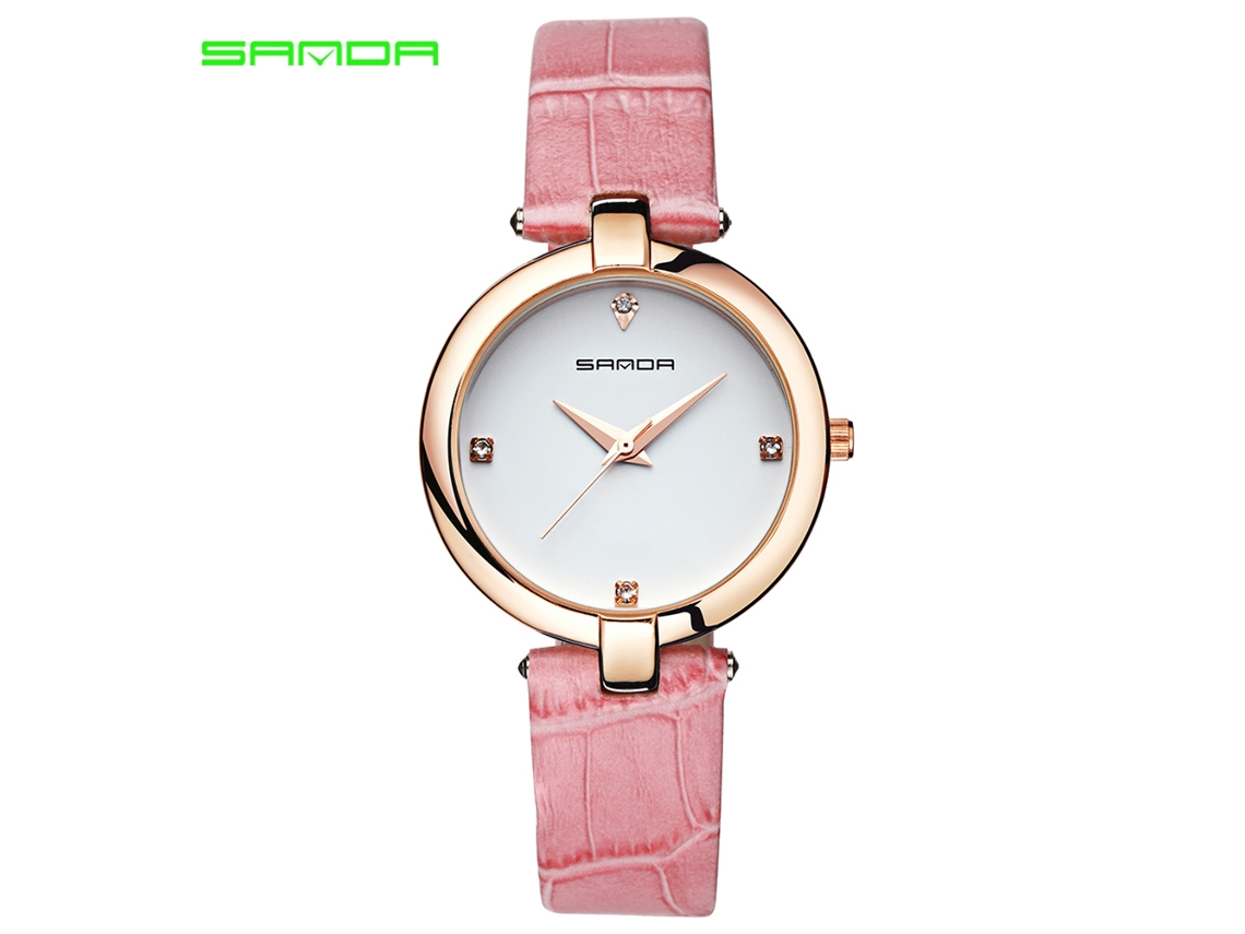 Relógio Feminino Sanda Analógico Quartzo Pulseira Couro Strass Rosa Branco