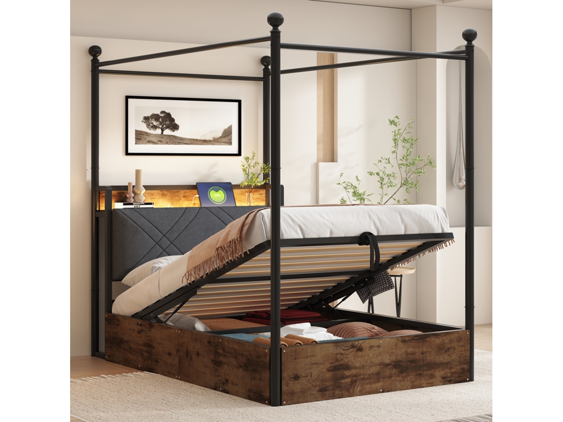 Cama Solteiro 90x190 Cm Com Elevação, Dossel, Led, Usb, Preto