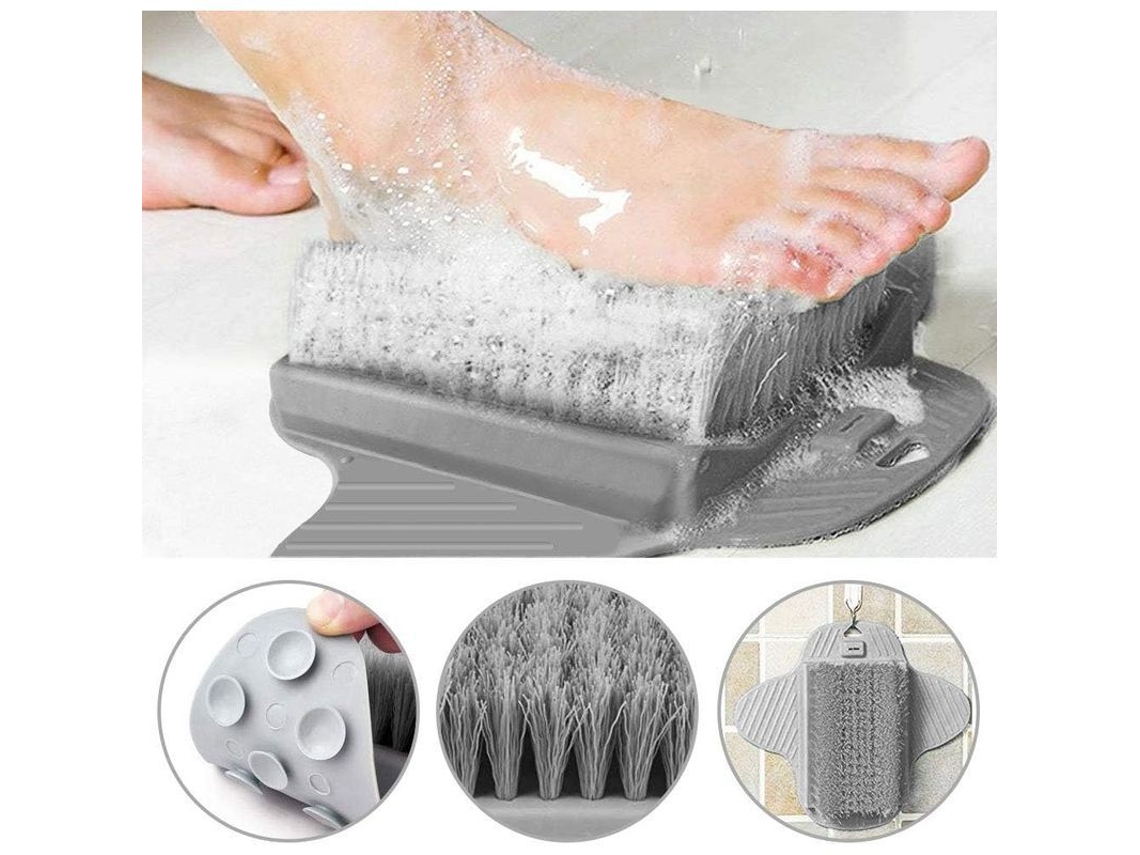 Escova de Pé para Chuveiro 35x23cm com Cups de Sucção Escova de Limpeza e Massagem Pé Cinza