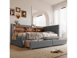 Daybed Cinza 90x200cm, Sofá-cama, 2 Gavetas, Usb-c, Ripas. -op