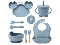 9 Conjuntos De Talheres De Silicone Azul Para Bebês: Pratinhos, Tigelas, Copos, Aventais E Talheres Com Estampa De Caranguejo