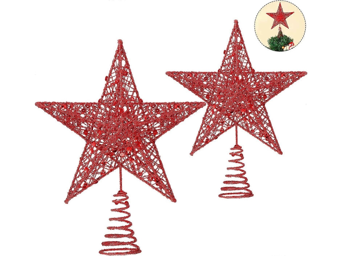 Omni 2 Copos de Estrela de Metal com Brilho para Árvore de Natal Tamanho 15 e 20 Cm Prata Vermelho