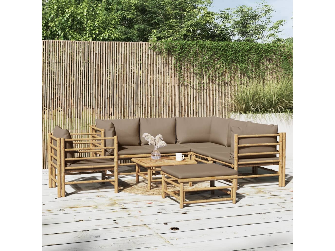 Vidaxl 8 Pcs Conj. Lounge Jardim Bambu Almofadões Cinzento-acastanhado