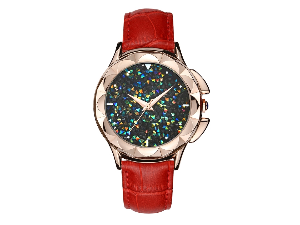 Relógio de Pulso Feminino Analógico de Quartzo com Strass e Correa de Couro Vermelha Floral