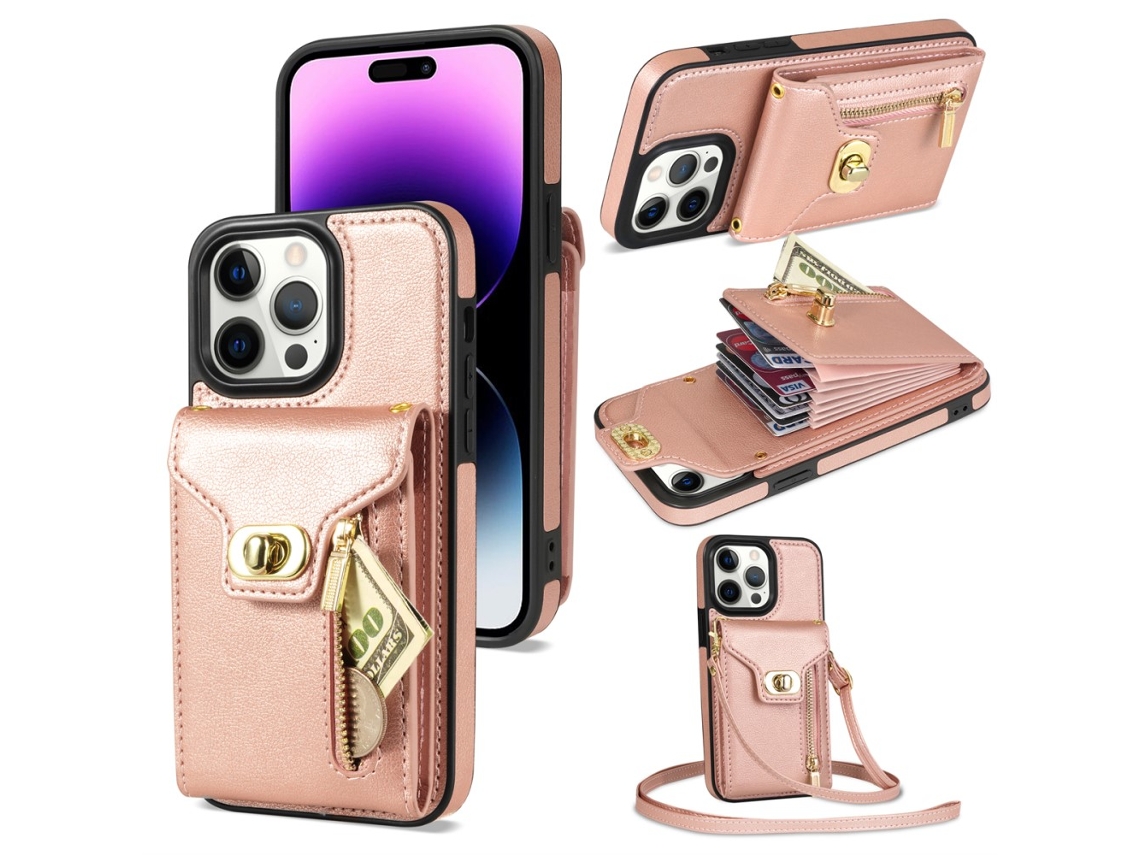 Suporte Casa Para Iphone 15 Pro Max Pele Sintética Com Porta-cartões Rosa