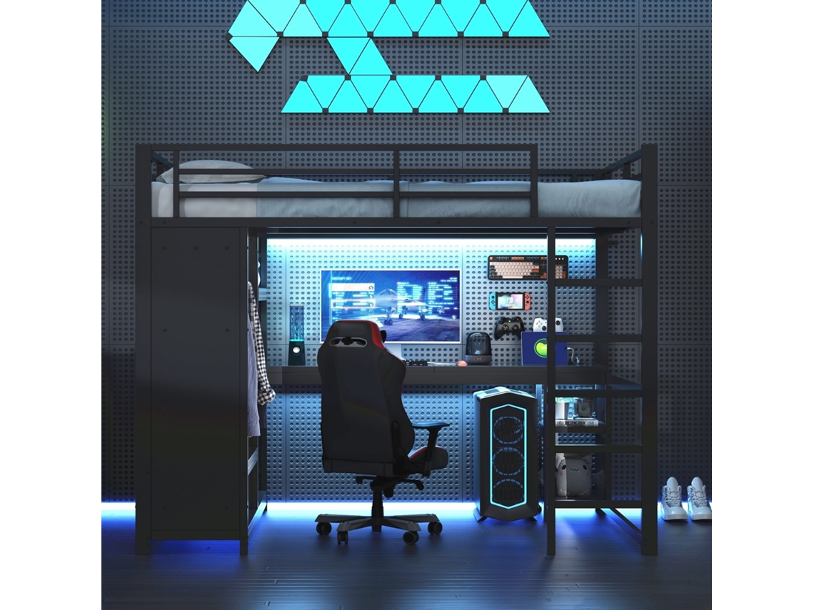 Cama mezanino gamer 140x200cm com led, escrivaninha, armário, prateleiras, 150kg, sem colchão preto KOMHTOM