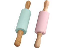2 rolos de silicone antiderrapantes com cabo de madeira, ideais para bolos, biscoitos e pizzas.