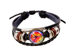 Pulseira De Couro Vintage Com Tecido Mão E Pedra Artificial